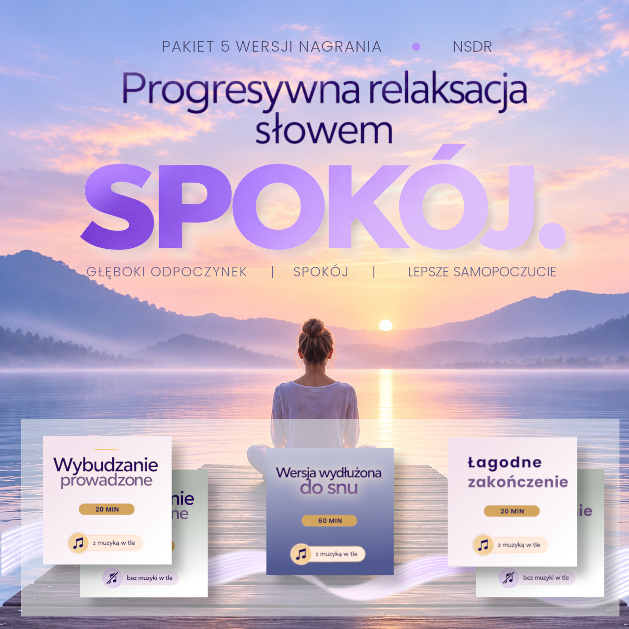 Wizualizacja pakietu 5 wersji nagrania: Progresywna relaksacja słowem SPOKÓJ